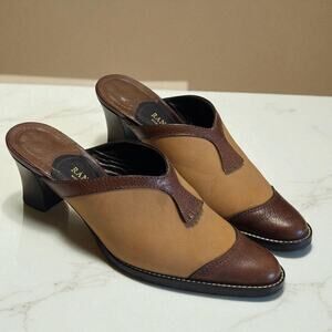 Vintage 80s Rangoni Shoes Mules Sz 6.5 Brown Suede & Leather Block Heel Western